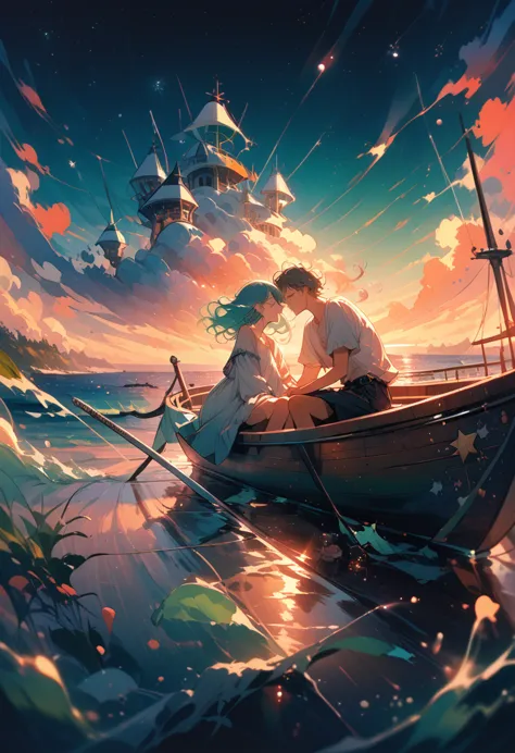 boy sitting in a boat, sword in hand, e.g, loneliness, a high resolution, sea of stars, perspective, romance, smallness