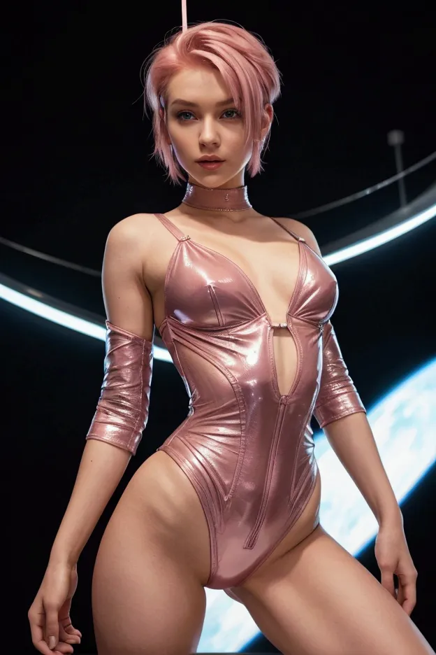 the performer, sporting short pink hair and wearing a futuristic, form-fitting bodysuit with neon accents, gracefully poses in a...