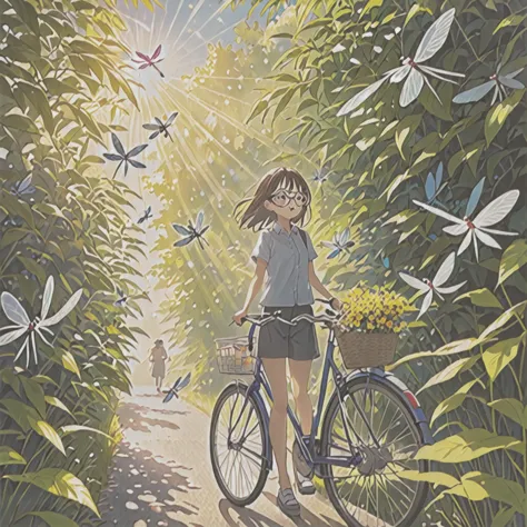 summer in japan、end of summer、lots of dragonflies、soft sunlight、bicycle、girl with glasses