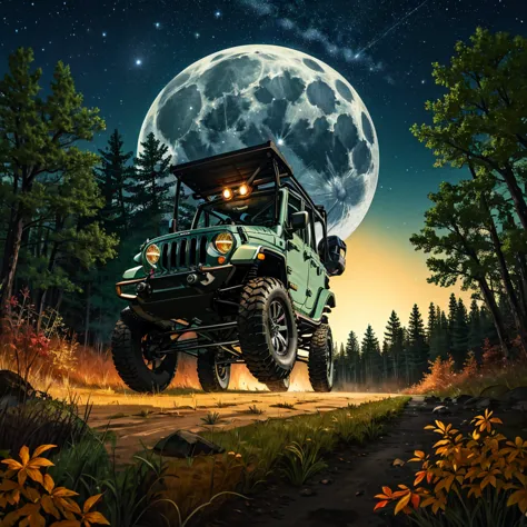 4-door jeep wrangler running at the path in the forest midnight under moonlight of large full moon. it's silent night and the th...