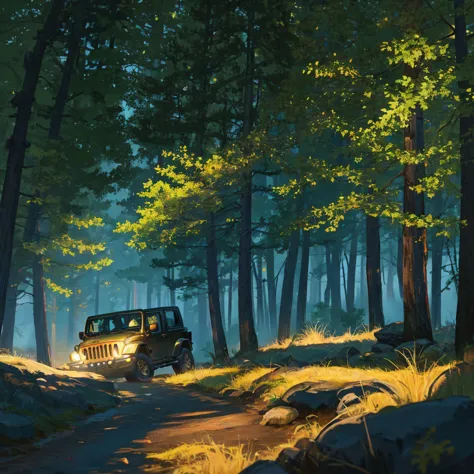 4-door jeep wrangler running at the path in the forest midnight under moonlight of large full moon. it's silent night and the th...