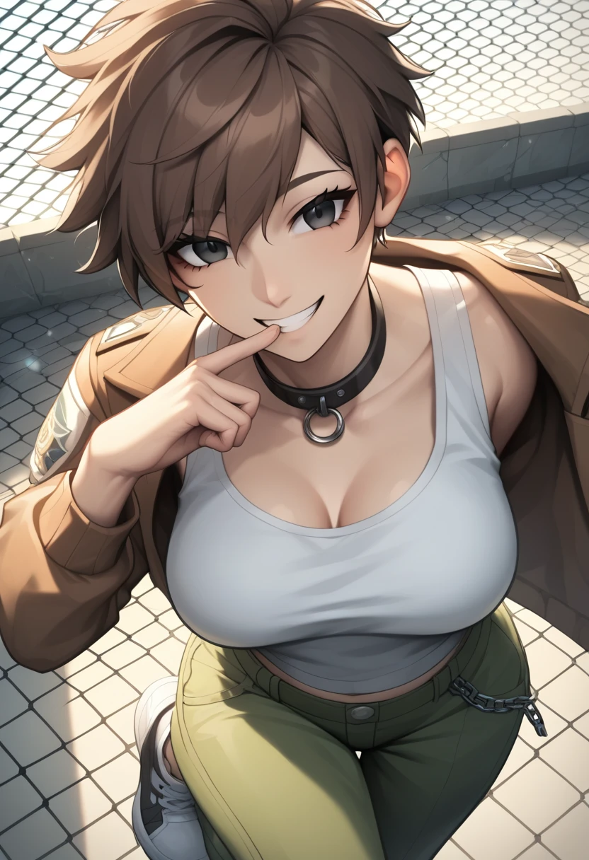 score_9, score_8_up, score_7_up, source_anime, best quality, amazing quality, absurdres, very aesthetic, sun rising, cinematic light, backlighting, light rays, 1 girl, best perfect anatomy, thin, Adult woman, calm, happy face, smile, fingersmile, finger to mouth, deep brown hair, short hair length, messy hair, stylized hairstyle, pixie haircut, upturned eyes, black eyes, ray of light through hair, medium breasts, curvy body, close up shot on person, high angle shot, mature woman standing poses, choker neck, white crop tank top, brown varsity jacket, green cargo pants, sneakers, foreshortening, Design an image with a fisheye lens effect, chain-link fence background,