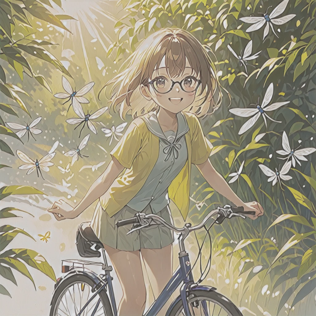 Summer in Japan、End of Summer、Lots of dragonflies、Soft sunlight、bicycle、Girl with glasses、looking at viewer, smile, :d, cute pose, (dynamic_pose:1.2), wide shot, (white background:1),