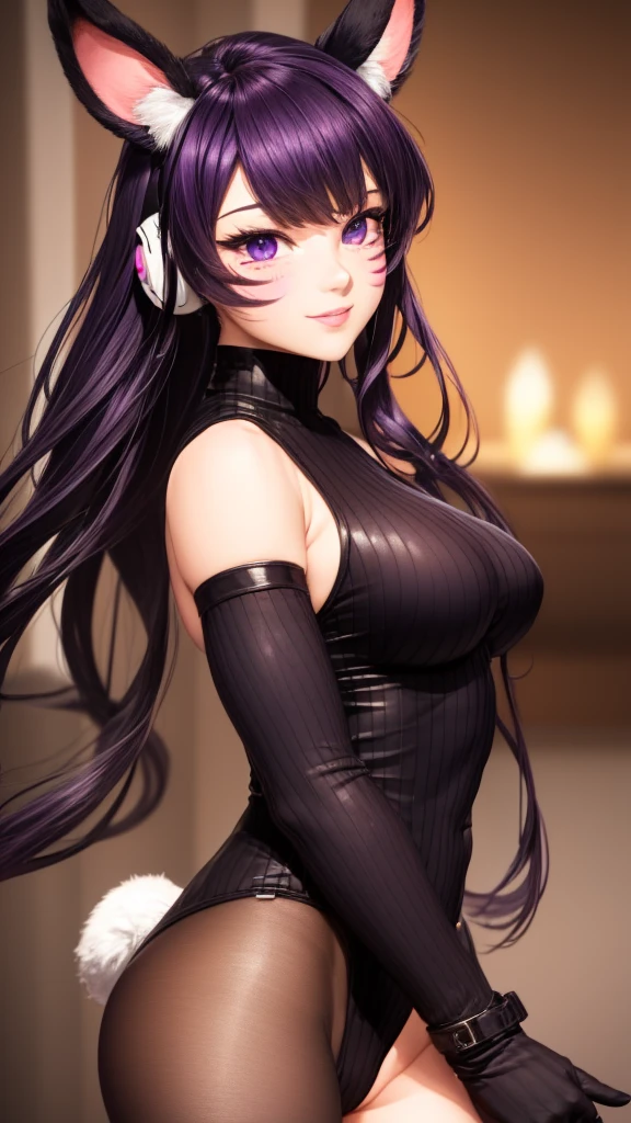 1girll, ((((masterpiece)))), ((8k)), ((high quality)), (Komi Shouko:0.8), Solo, Long hair, whisker markings, tightsuit, Purple hair, face markings, mitts, Breasts, Purple eyes, pilotsuit, Cowboy shot, Earphone, from behind, perfect massive ass, sweeping bangs, skin tight, Animal print, bangs, Bunny print, Ribbed one-piece tights, facepaint, smiling, unserious look, pink lips, Silhouette, hard light:1.2)