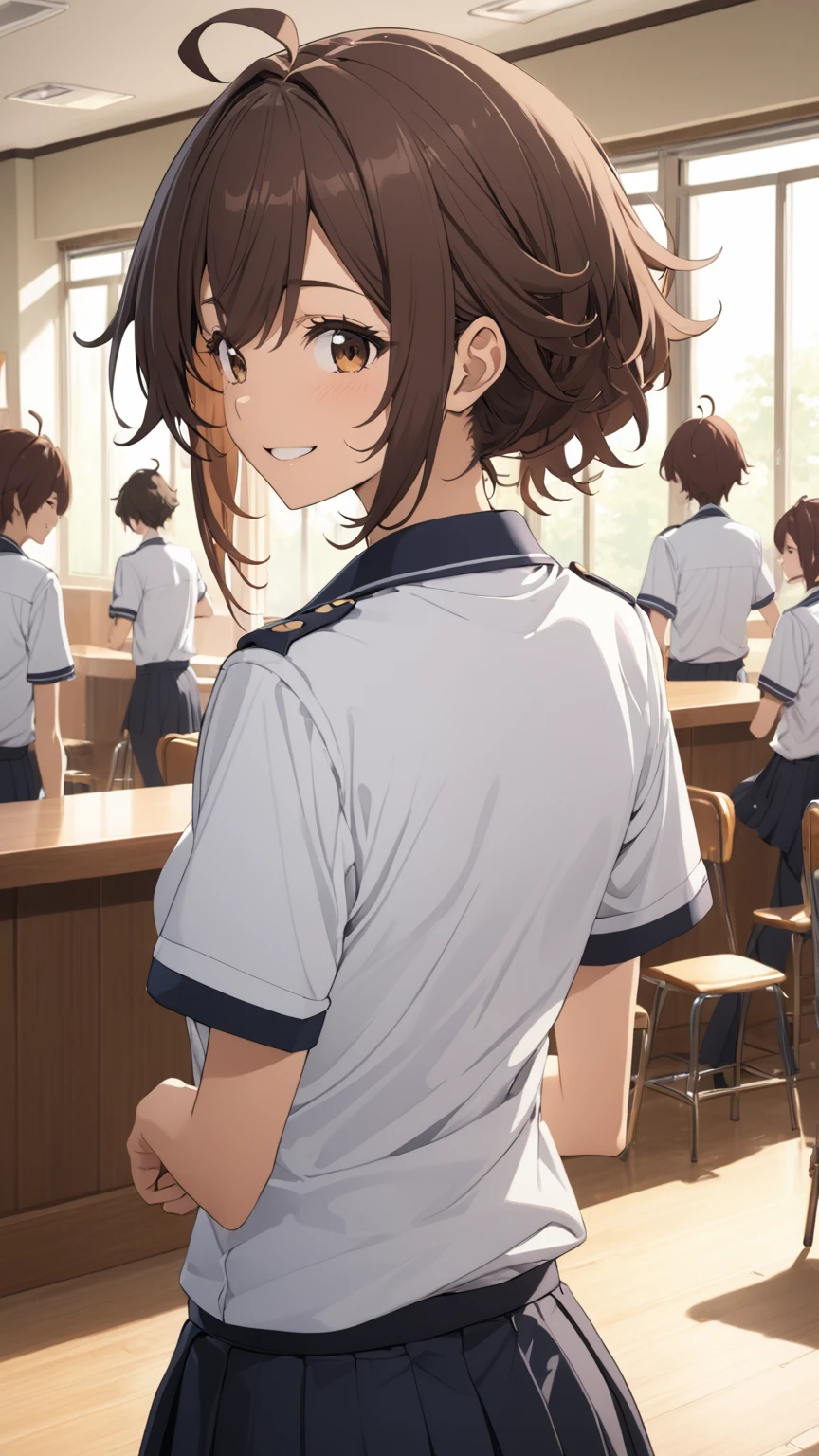 Brown Hair, girl, high school student、uniform, Club room, Backwards, back, Bedhead, Ahoge, smile, Turn around