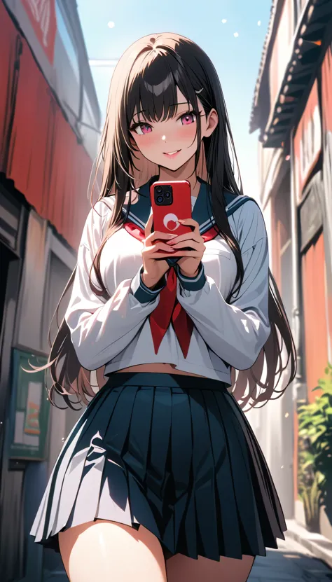 (beautiful girl: 1.3),1girl,masterpiece, Highest quality, Ultra-high resolution,rich contrast,super high quality,8k,Highly detailed CG unit wallpaper,texture,Incredibly absurd,Ultra-high resolution,RAW Photos,Depth of Field 1.2,,(Straight Hair),(High School Uniform&Pleated skirt:1.3),Ultra-detailed eyes,Glowing Skin,smile,Big Round Ass,Glitter effect,Beautiful glossy lips,((She is walking towards me while looking at her smartphone.))