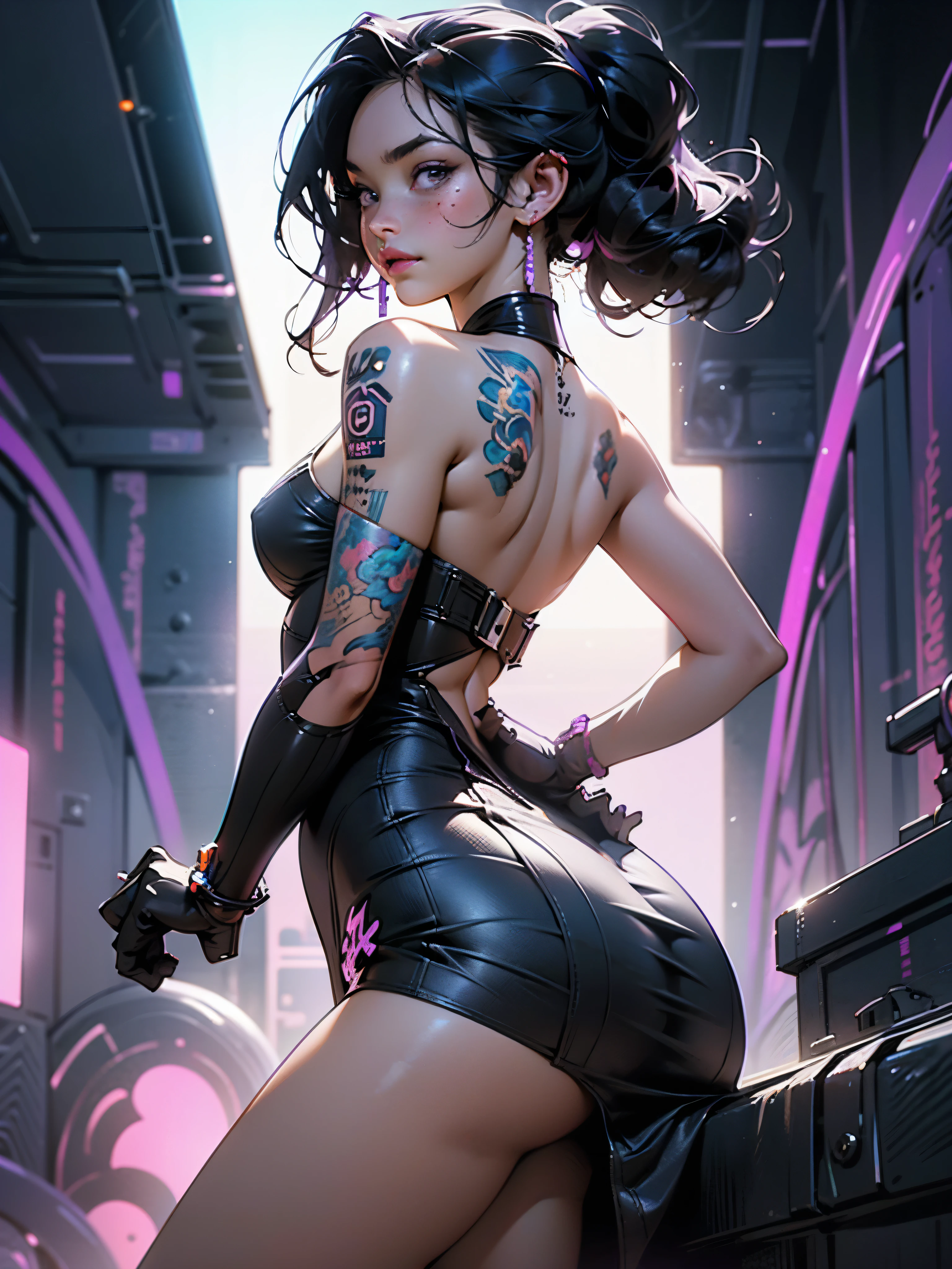 retrato altamente detalhado de one mulher tatuada, with a mini dress, one , por Atey Ghailan, por Greg Rutkowski, by greg tocchini, por James Gillard, por Joe Fenton, by Kaethe Butcher, voluptuous, super detailed face, wide curvy, highly detailed accentuated big ass with phenomenal detailed butt cheeks, great aesthetics, purple gradient, neon color scheme, grunge aesthetic, nightclub background, cinematic lighting, 32 mil, ultra HD, with--9:16
