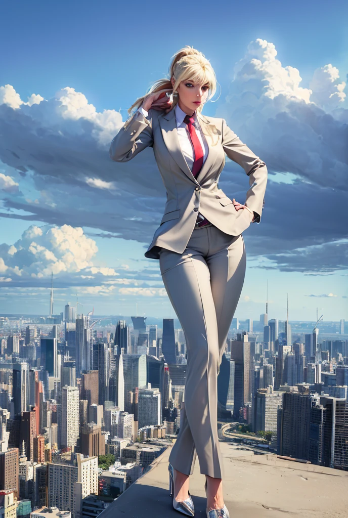 Young adult women beautiful curves a massive thighs blonde hair in a ponytail lipstick wearing a perfect perfect tailored grey pinstriped trouser suit and blazer, crisp white shirt and large broad red windsor knot tie,colossal breasts. Platform high heels , standing, giantess art, tie bar, highly detailed giantess shots, giantess, most detailed, perfect face, Two legs, Five fingers, short hair, A girl who is bigger than a skyscraper, standing on very small city new york, skyscarpers at their feet, skyscrapers small, smile, huge breasts, major metropolis, numerous cities, , A very small big city, Miniature metropolis, Full body description, GTS, giga giantess, gigagts, stomping city, crash city, tiny city, micro city, , High resolution, highest quality, masterpiece,  tiny destroyed skyscrapers city, illustration, skyscrapers size of small toys standing behind and very far away from city, (masterpiece, best quality, best shadows, best shading, perfect hands, perfect face, cinematic lighting, colorful, ultra-detailed, beautiful photography, character focus, extremely-detailed, photorealistic, hyper photorealism, atmospheric), ), (giantess, stereotypical office boss), (dirty, filthy, unwashed, sweaty, unkempt, happy, tired, exhausted, annoyed), ((walking, mid stride:1.2, stepping down on:1.2, stomping, crush, rampage)), (black patent Louboutin rounded toe pumps, high heels, platform heels), ((,)), ((long ponytail hair with front bangs)), (high altitude photography, satellite view), (curvy, , heaving bosom, legs), (mega city, urban sprawl, and small towns, buildings, roads), (((cloudy, overcast, clouds and atmosphere partly obscuring the subject:1.2, hazy atmosphere, haze in foreground, wispy clouds))) footprints warzone 