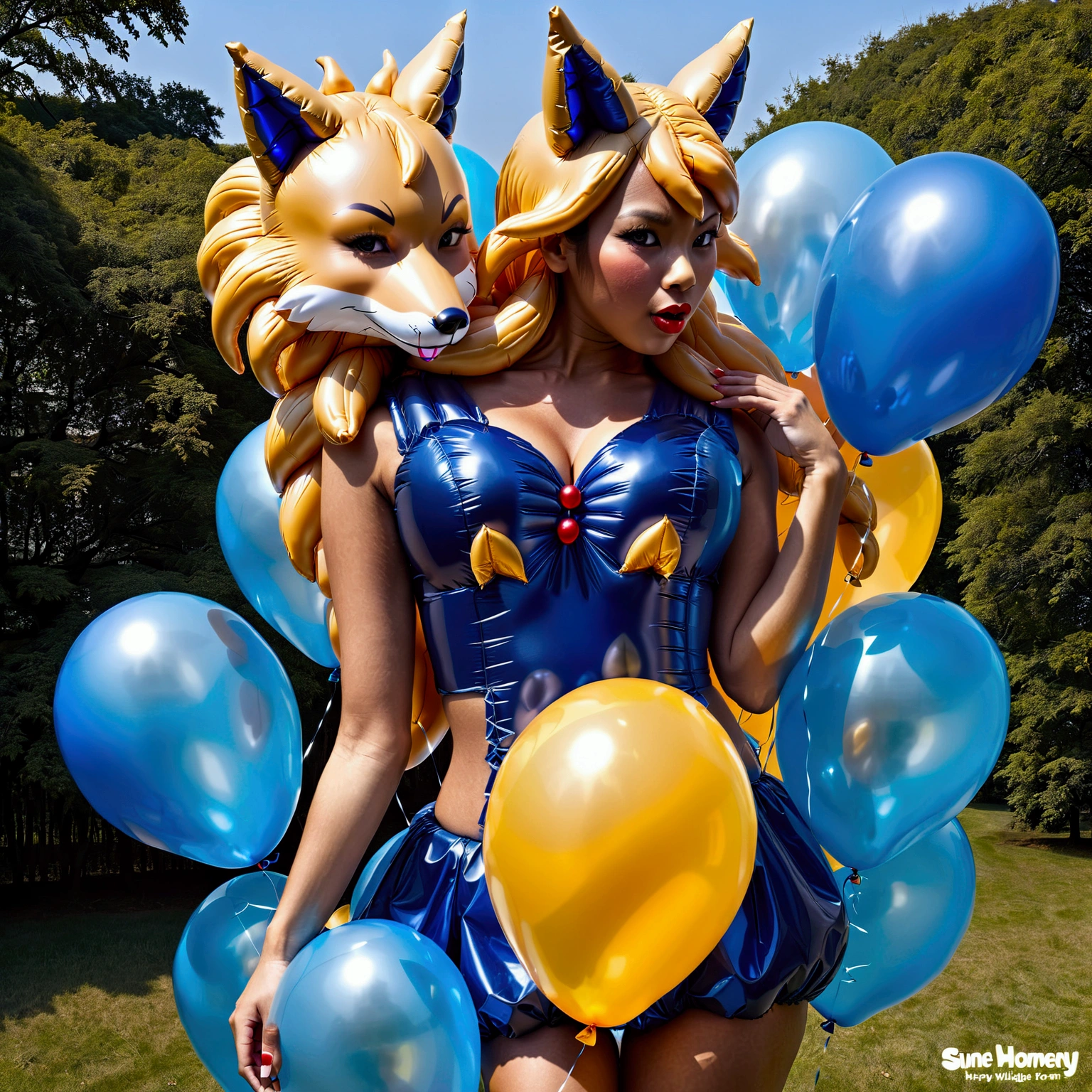 Inflatable fox furry female golden fur nine tails 3d smooth transparent rubber inflatable metal dark blue big devil wings devil horns transparent metal basket rubber clothes big chest mouth blowing balloons balloon full body picture front
