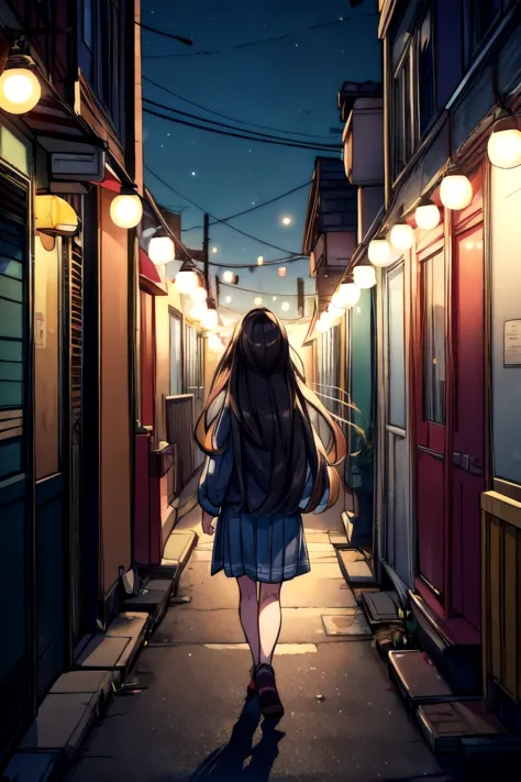 in the evening, the lights are on, the street, the traffic, the crowd, the long-haired girl walks alone