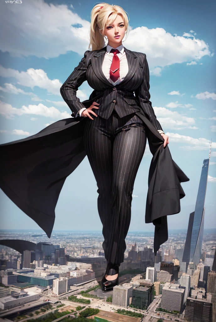 Young adult women beautiful curves a massive thighs blonde hair in a ponytail lipstick wearing a perfect perfect tailored grey pinstriped trouser suit and blazer, crisp white shirt and large broad red windsor knot tie,colossal breasts. Platform high heels , standing, giantess art, tie bar, highly detailed giantess shots, giantess, most detailed, perfect face, Two legs, Five fingers, short hair, A girl who is bigger than a skyscraper, standing on very small city new york, skyscarpers at their feet, skyscrapers small, smile, huge breasts, major metropolis, numerous cities, , A very small big city, Miniature metropolis, Full body description, GTS, giga giantess, gigagts, stomping city, crash city, tiny city, micro city, , High resolution, highest quality, masterpiece,  tiny destroyed skyscrapers city, illustration, skyscrapers size of small toys standing behind and very far away from city, (masterpiece, best quality, best shadows, best shading, perfect hands, perfect face, cinematic lighting, colorful, ultra-detailed, beautiful photography, character focus, extremely-detailed, photorealistic, hyper photorealism, atmospheric), ), (giantess, stereotypical office boss), (dirty, filthy, unwashed, sweaty, unkempt, happy, tired, exhausted, annoyed), ((walking, mid stride:1.2, stepping down on:1.2, stomping, crush, rampage)), (black patent Louboutin rounded toe pumps, high heels, platform heels), ((,)), ((long ponytail hair with front bangs)), (high altitude photography, satellite view), (curvy, , heaving bosom, legs), (mega city, urban sprawl, and small towns, buildings, roads), (((cloudy, overcast, clouds and atmosphere partly obscuring the subject:1.2, hazy atmosphere, haze in foreground, wispy clouds))) footprints warzone 