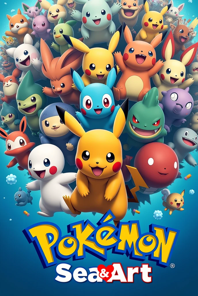 ((masterpiece, Highest quality, Best image quality, High resolution, Realistic, RAW Photos, 8k, Highly detailed CG synthesis 8k wallpaper)), Pokémon movie poster, lots of Pokémon jumping out of the screen, the text "Pokémon sea&art" written in large letters at the bottom of the screen, a bright and pop image, bursting with energy,