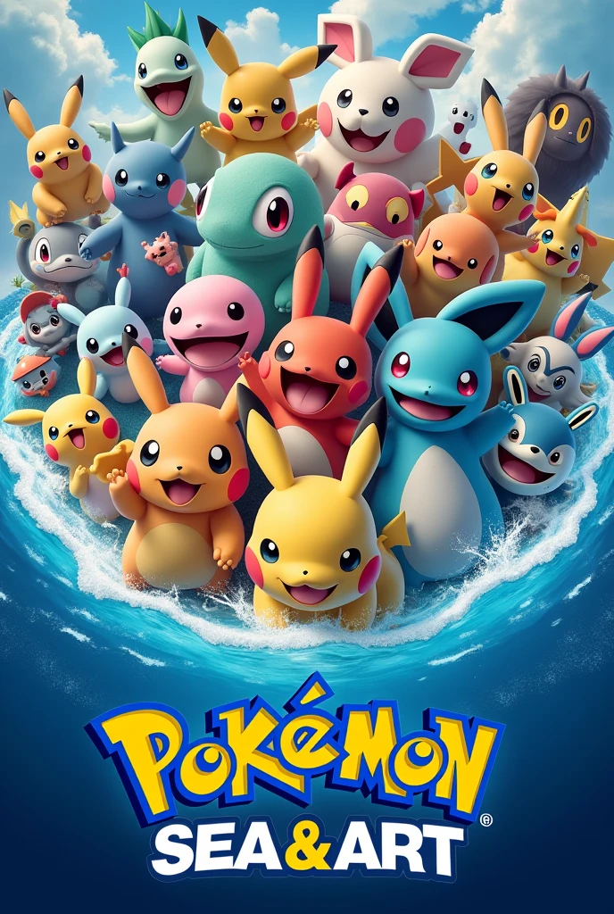 ((masterpiece, Highest quality, Best image quality, High resolution, Realistic, RAW Photos, 8k, Highly detailed CG synthesis 8k wallpaper)), Pokémon movie poster, lots of Pokémon jumping out of the screen, the text "Pokémon sea&art" written in large letters at the bottom of the screen, a bright and pop image, bursting with energy,