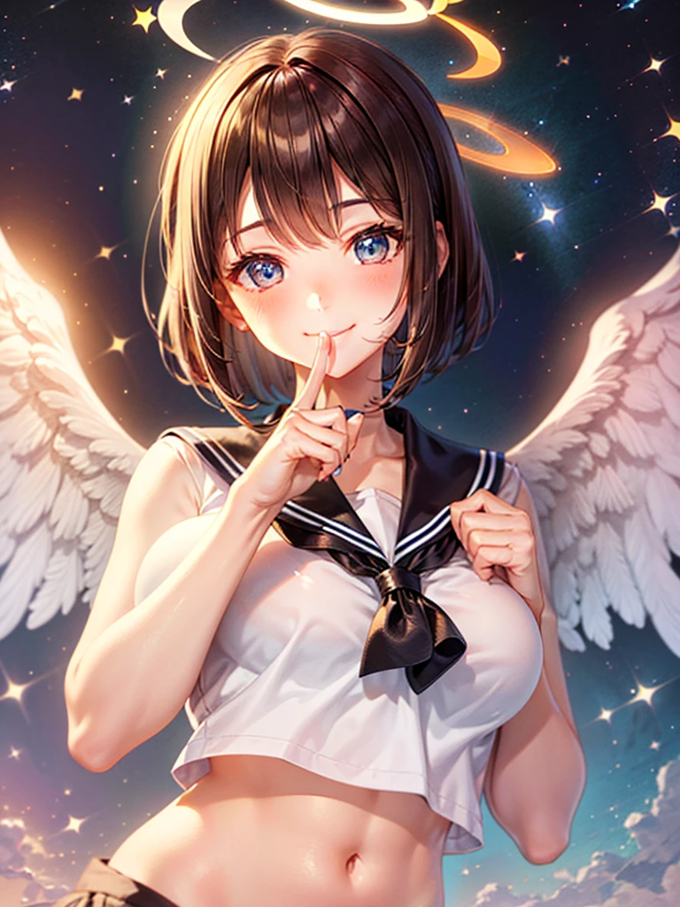 A beautiful smiling girl in a sailor suit,Halation,Cat ear,Brown hair short bob,front,Very beautiful eyes,universe,Milky Way,(((Put your finger over your mouth))),White angel wings on your back,Big Breasts,(((Halo))),