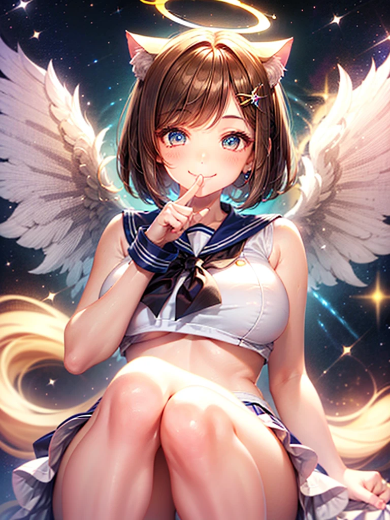 A beautiful smiling girl in a sailor suit,Halation,Cat ear,Brown hair short bob,front,Very beautiful eyes,universe,Milky Way,(((Put your finger over your mouth))),White angel wings on your back,Big Breasts,(((Halo))),