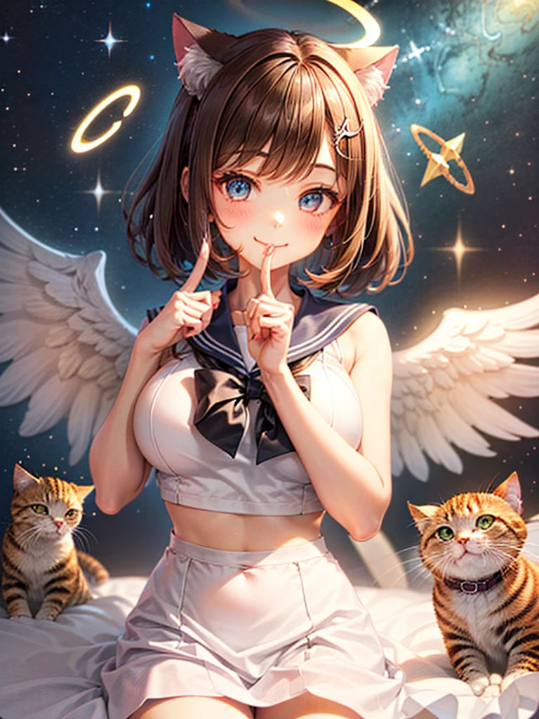 A beautiful smiling girl in a sailor suit,Halation,Cat ear,Brown hair short bob,front,Very beautiful eyes,universe,Milky Way,(((Put your finger over your mouth))),White angel wings on your back,Big Breasts,(((Halo))),