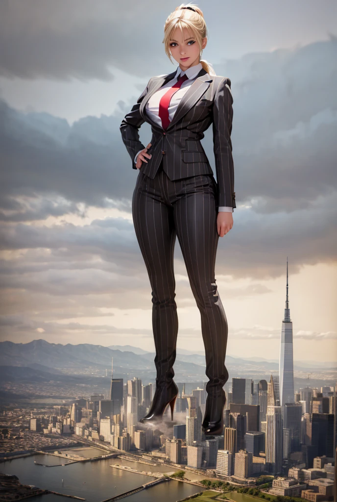 Young adult women beautiful curves a massive thighs blonde hair in a ponytail lipstick wearing a perfect perfect tailored grey pinstriped trouser suit and blazer, crisp white shirt and large broad red windsor knot tie,colossal breasts. Platform high heels , standing, giantess art, tie bar, highly detailed giantess shots, giantess, most detailed, perfect face, Two legs, Five fingers, short hair, A girl who is bigger than a skyscraper, standing on very small city new york, skyscarpers at their feet, skyscrapers small, smile, huge breasts, major metropolis, numerous cities, , A very small big city, Miniature metropolis, Full body description, GTS, giga giantess, gigagts, stomping city, crash city, tiny city, micro city, , High resolution, highest quality, masterpiece,  tiny destroyed skyscrapers city, illustration, skyscrapers size of small toys standing behind and very far away from city, (masterpiece, best quality, best shadows, best shading, perfect hands, perfect face, cinematic lighting, colorful, ultra-detailed, beautiful photography, character focus, extremely-detailed, photorealistic, hyper photorealism, atmospheric), ), (giantess, stereotypical office boss), (dirty, filthy, unwashed, sweaty, unkempt, happy, tired, exhausted, annoyed), ((walking, mid stride:1.2, stepping down on:1.2, stomping, crush, rampage)), (black patent Louboutin rounded toe pumps, high heels, platform heels), ((,)), ((long ponytail hair with front bangs)), (high altitude photography, satellite view), (curvy, , heaving bosom, legs), (mega city, urban sprawl, and small towns, buildings, roads), (((cloudy, overcast, clouds and atmosphere partly obscuring the subject:1.2, hazy atmosphere, haze in foreground, wispy clouds))) footprints warzone 