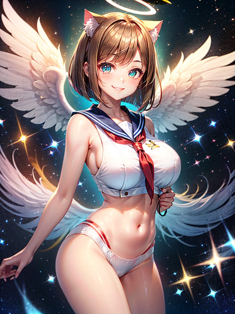 A beautiful smiling girl in a sailor suit,Halation,Cat ear,Brown hair short bob,front,Very beautiful eyes,universe,Milky Way,White angel wings on your back,Big Breasts,(((Halo))),