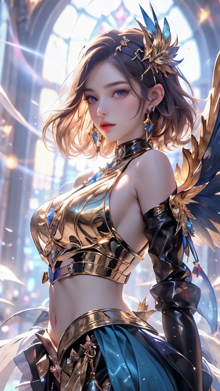 ((Highest quality)), ((masterpiece)), (detailed), One Girl, Beautiful Face、god々Cool vibe、Short Bob､blue eyes、Costume with plenty of feathers、Holding a medieval sword(A golden sword studded with gorgeous jewels)､Light flowing background、It has large white wings spread over its back、