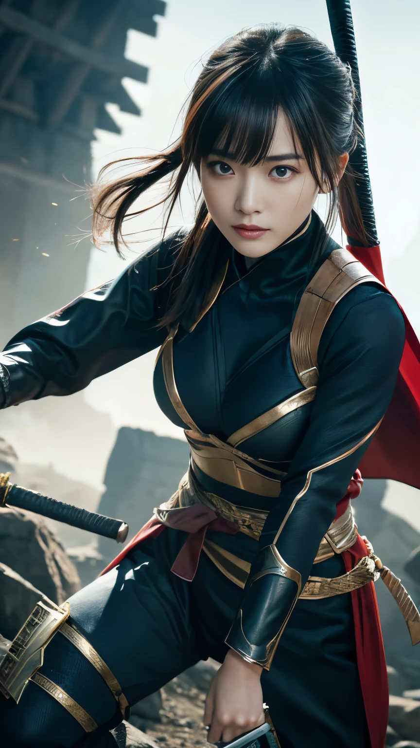 Superhero, 現代のSuperheroのコスチューム, Ninja, Ninja costume, Ninja mask on the face, With Chinese sword, Djinn Sword,With Chinese sword, Beautiful Chinese Woman,, Chinese woman with bangs, Brave性格, kind, Brave, Decide, On the battlefield, Atmospheric perspective, Motion Blur, 8k, Super Detail, Highest quality, Ultra-high resolution, Ultra HD、8k 、Realistic textured face and skin、high resolution 、Octane Rendering、(((Ultra-Realistic Details)))、Portrait、Sharp、CGSoation Trend、Attention to detail