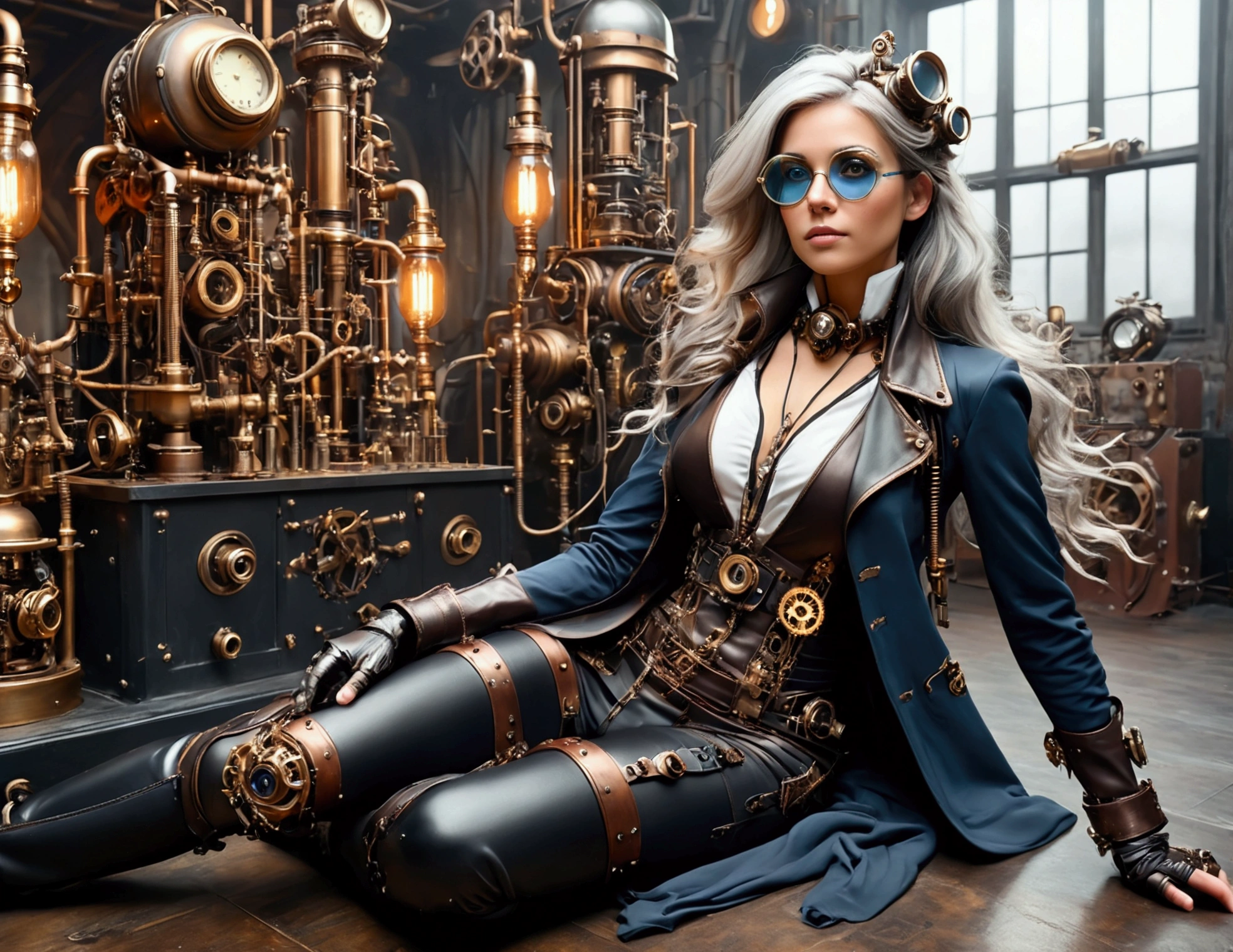 ((​masterpiece)), (best quality), (filmic),(Extreme detail CG Unity 8K wallpaper), 1 girl, fit,Delicious company, small breasts,(no protective goggles on the face)(very long silver hair),a stunning silver-haired steampunk woman sitting on the floor, who lost her forearm in an accident, but instead received a beautifully designed, fine and perfectly fitting robotic prosthesis(steampunk style)sits relaxed on the floor in front of a dystopian steampunk backdrop with machines and factories.and with this prosthesis she shows us a sealed, delicate poison glass bottle with blue liquid in it in. Hand-forearm prosthesis made of brass and leather. She wears tight-fitting clothes ( steampunk pilot suit with cut-outs and buckles).Leather and decorative goggles on the head, also made of brass and leather. The landscape is a bit gloomy, but also impressive.,1 line drawing,the picture,steampunk style 