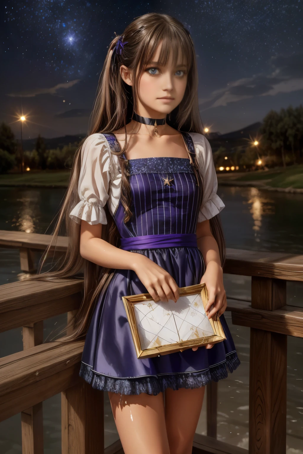 girl, located in the corner, looking at the sky, solo, Mona (Genshin Impact), choker, hair between eyes, star (symbol), long hair, dark purple hair, twintails, blue eyes, shining eyes, jewelry, witch, maid, bangs, purple black dress, purple skirt, white apron, landscape, night sky, star (sky), starry sky, night, outdoor, clouds, reflection, water, magic, tarot, water magic, ((beautiful golden crystal star)), space, water droplets, splash