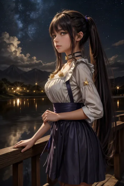 girl, located in the corner, looking at the sky, solo, Mona (Genshin Impact), choker, hair between eyes, star (symbol), long hair, dark purple hair, twintails, blue eyes, shining eyes, jewelry, witch, maid, bangs, purple black dress, purple skirt, white apron, landscape, night sky, star (sky), starry sky, night, outdoor, clouds, reflection, water, magic, tarot, water magic, ((beautiful golden crystal star)), space, water droplets, splash