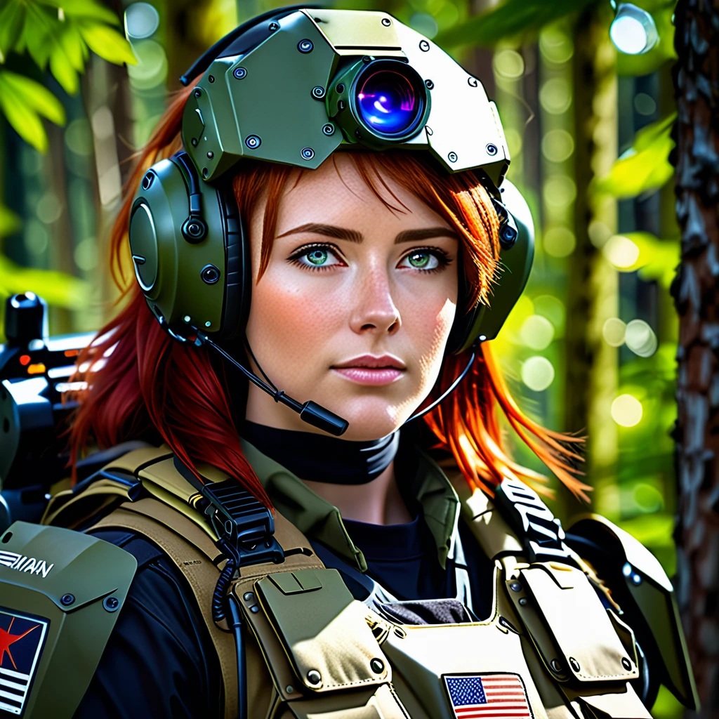 Highest quality, Realistic, Very delicate and beautiful, RAW Photos, Professional Lighting, Facial lighting, Depth of written boundary, Single focus, Upper Body, 1 female, (Pure Eros Face_v1: 0.33), (Urzan-6500: 0.33), Pilot a giant robot, Red Hair, headset, US-027 NATO MILITARY SURPLUS WOODLAND TACTICAL VEST