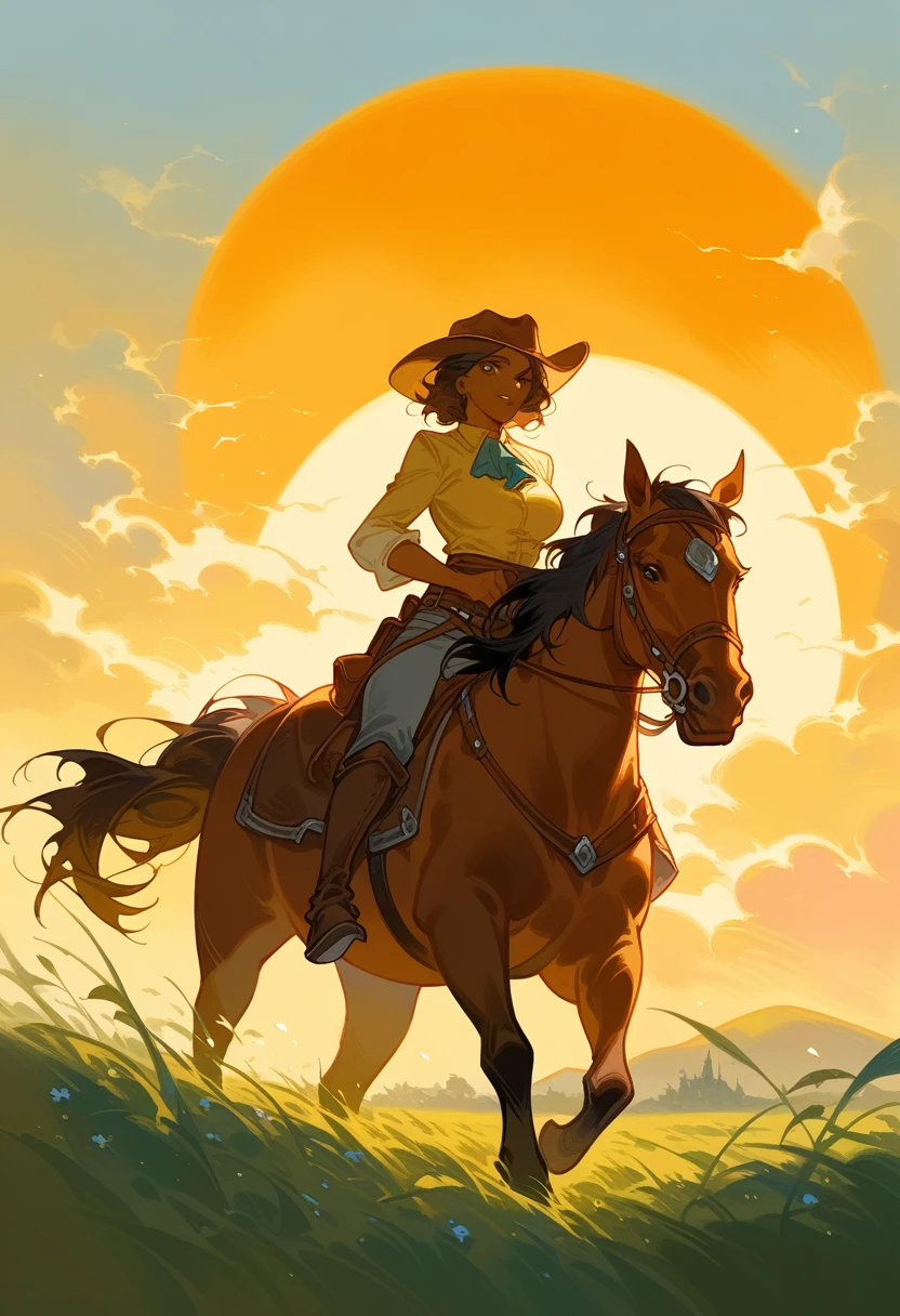 painting of a woman riding a horse in a field with a sun setting, inspired by Jakub Schikaneder, by Jakub Schikaneder, alphonse mucha and alena aenami, by Andrew Robinson, inspired by Jeffrey Catherine Jones, jeffrey catherine jones pose, guweiz masterpiece, jen bartel, by Jeffrey Catherine Jones, sergey kolesov brown skin black hair cowboy hat 