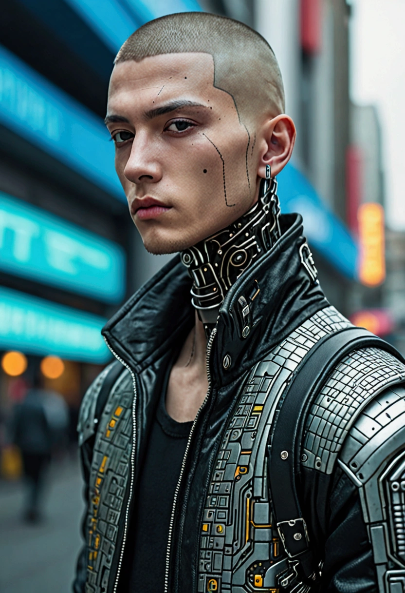 Very detailed. Detailed face. Full body. Front view. Young man with european features in a cyberpunk city. He is wearing a futuristic jacket. His right arm is robotic. He has a buzz cut. He has a scar on his left eye. Thin lips. Square Jaw.