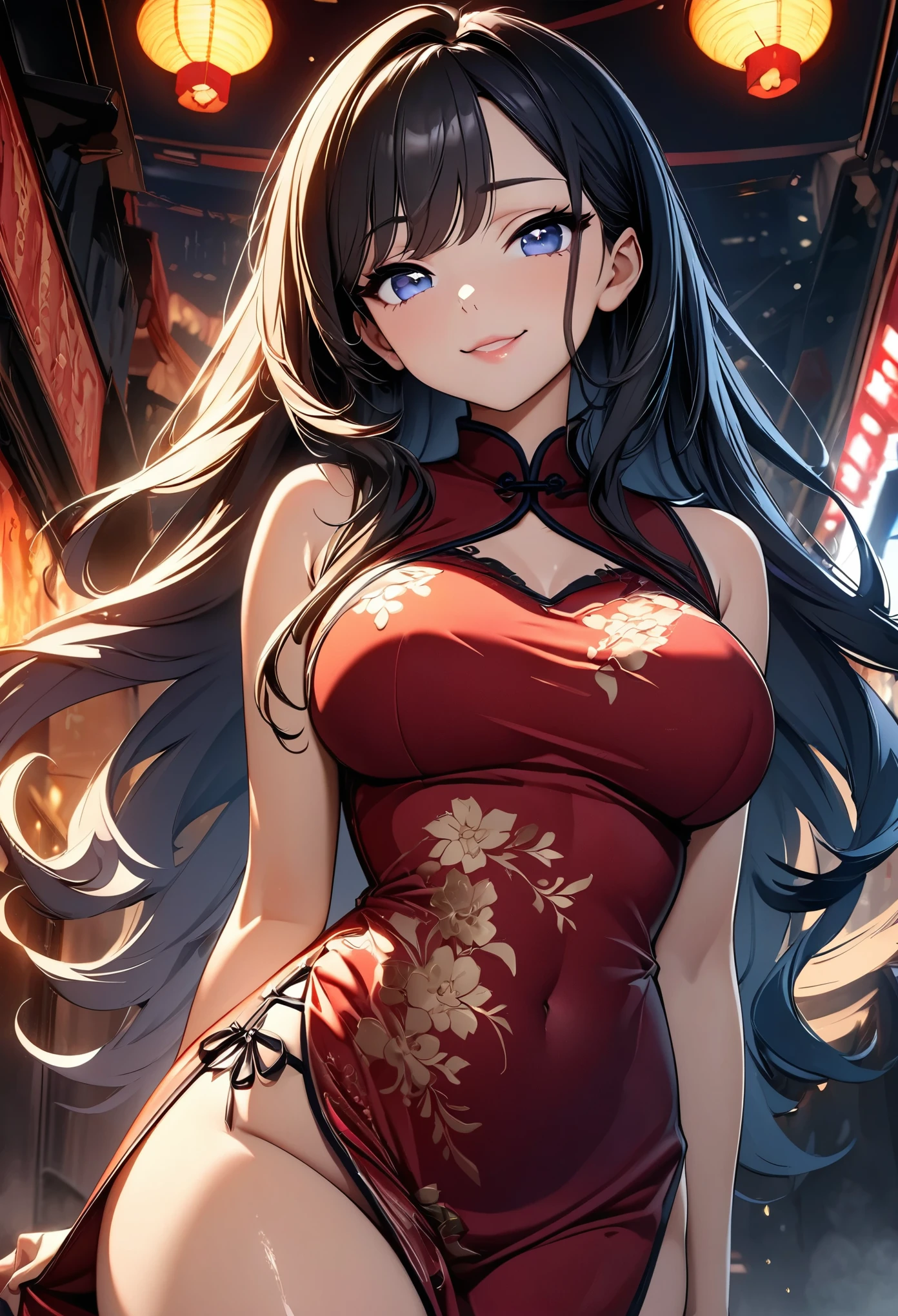 セクシーChina dressを着た女性, I see red underwear, Large Breasts, China dress, Captivate the viewer, Smile, Detailed face, Long eyelashes, Beautiful Eyes, Moist lips, Sexy Makeup, Shiny skin, Beautiful and intricate lace detailing, Cowboy Shot, Random Pause, (Highest quality, 4K, 8k, High resolution, masterpiece:1.2), Super detailed, (Beautiful CG illustrations:1.2, Cute anime style, Dramatic atmosphere, High contrast, Cold colors, Chiaroscuro), Chinatown, Studio Lighting, Dramatic Contrast, Warm tones, Rich texture