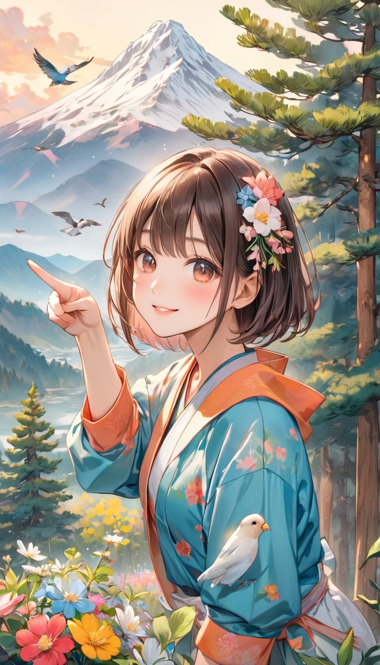 Cute , Colorful tops, Shorts, Brown bob hair, decoration, Look at me and smile, Raise your hand and point,  Wildflowers are in full bloom, (Big Pine Tree, Mountain, bird,  cloud, Higan flowers are blooming), 手に小さいbird, Japanese painting style, Illustration art, art，Colored pencil drawing，Hand-drawn, 