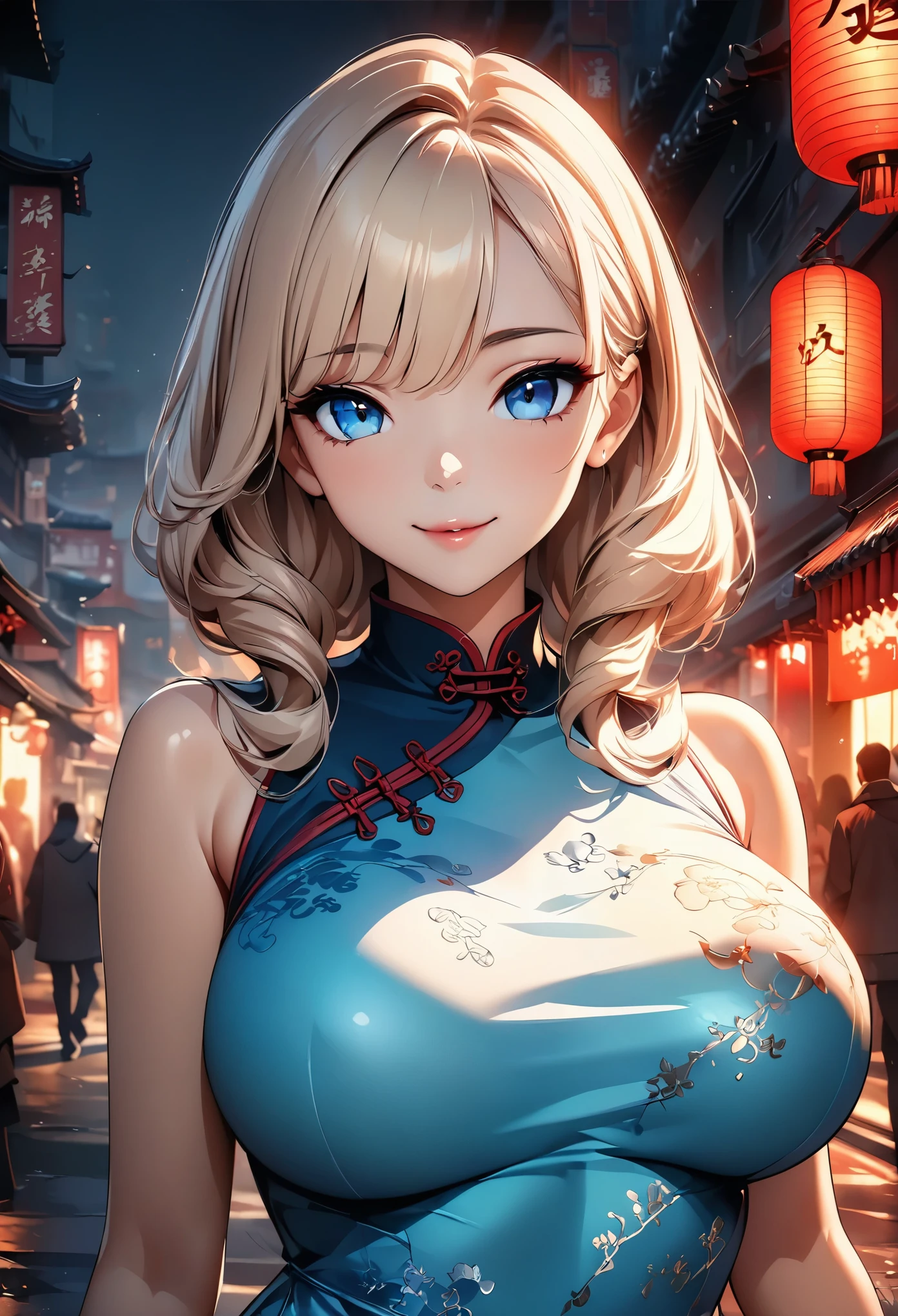 セクシーChina dressを着た女性, I see red underwear, Large Breasts, China dress, Captivate the viewer, Smile, Detailed face, Long eyelashes, Beautiful Eyes, Moist lips, Sexy Makeup, Shiny skin, Beautiful and intricate lace detailing, (Highest quality, 4K, 8k, High resolution, masterpiece:1.2), Super detailed, (Beautiful CG illustrations:1.2, Cute anime style, Dramatic atmosphere, High contrast, Cold colors, Chiaroscuro), Chinatown, Studio Lighting, Dramatic Contrast, Warm tones, Rich texture