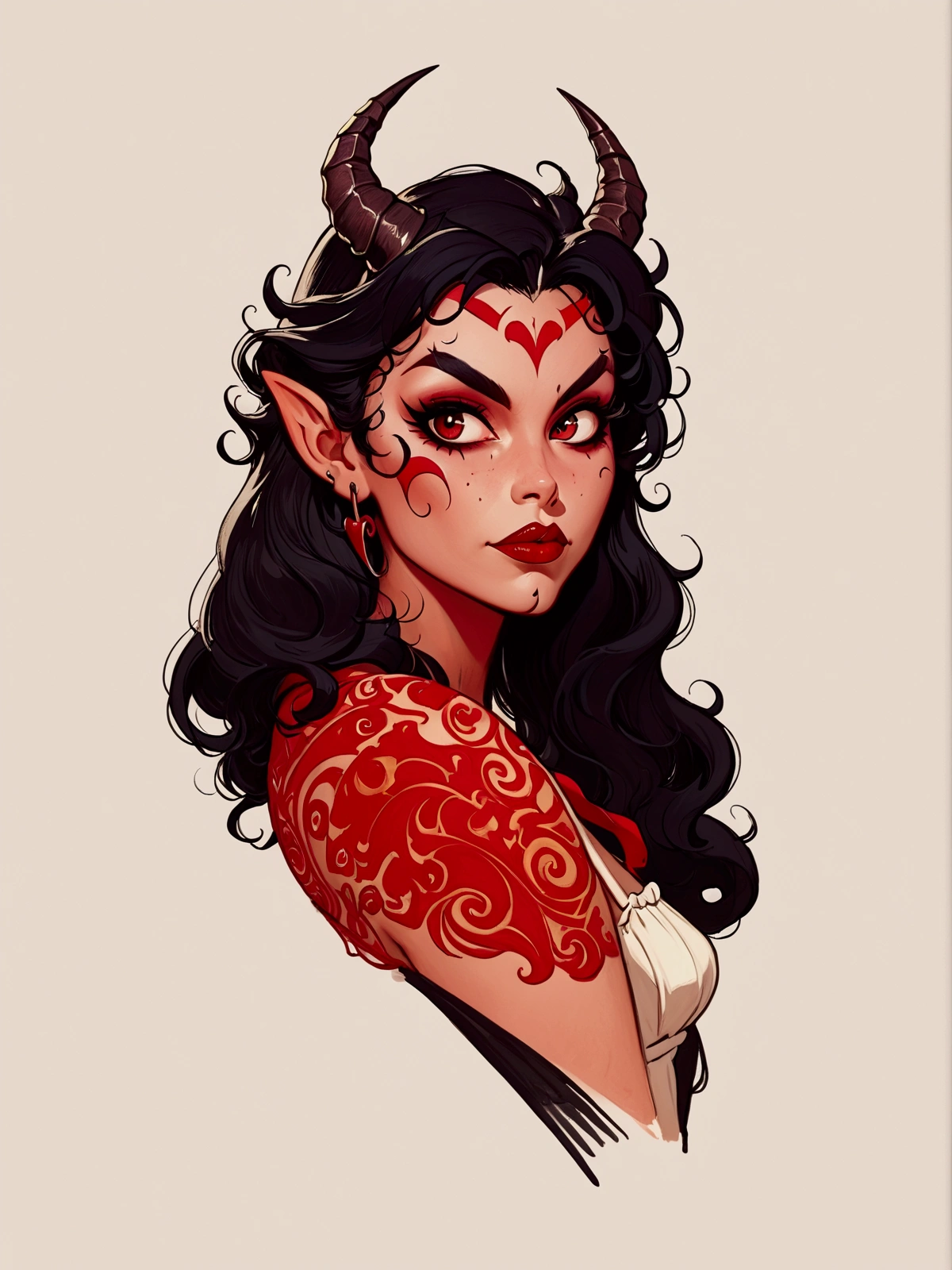 a drawing of a woman with horns and a devil&#39;s face, together in sundress portrait, demon, Demon Girl, beautiful together, together, mulher demon, Tiefling, together in tight short dress, retrato de um demon feminino, portrait of Demon Girl, cheeky devil, inspired by Bruce Timm, designed in the style of Mark Arian