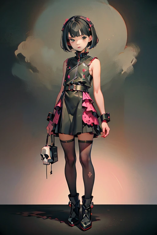 (masterpiece), (High resolution), (Full body portrait), （cyber punk）、Black bowl cut、Sleeveless skull print dress、 Dark atmosphere, Flat Illustration, Creepy Appearance, Characteristic hairstyle, creative accessories, Unique atmosphere,A Little Nightmare、holding a pistol in both hands
