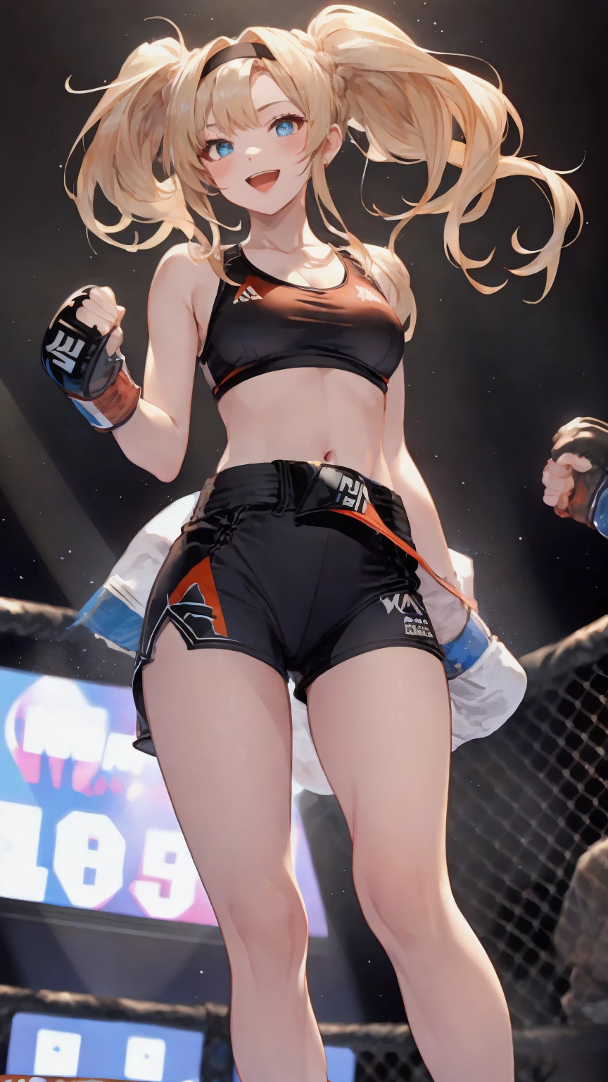 zetadef, braid, hair intakes, twintails, hairband,
Detailed eyes,(wearing sports wear:1.5, bare thigh), Her slim legs are really cute.,Very beautiful long legs, Perfect body,(Independent),(on MMA Arena :1.5), naughty smile, open mouth, Toned stomach,Ultra HD,Detailed eyes,Detailed face, cowboy shot, looking at viewer,(from below),long legs,twisting the waist,depth of field,