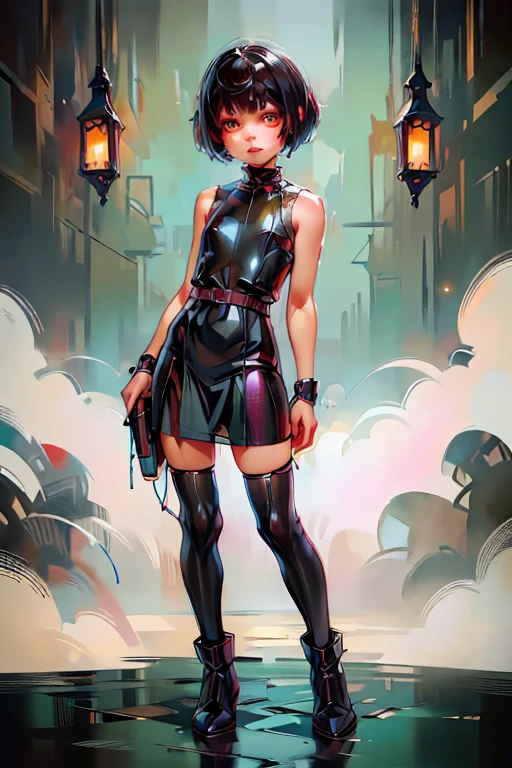 (masterpiece), (High resolution), (Full body portrait), （cyber punk）、Black bowl cut、Sleeveless skull print dress、 Dark atmosphere, Flat Illustration, Creepy Appearance, Characteristic hairstyle, creative accessories, Unique atmosphere,A Little Nightmare、holding a pistol in both hands
