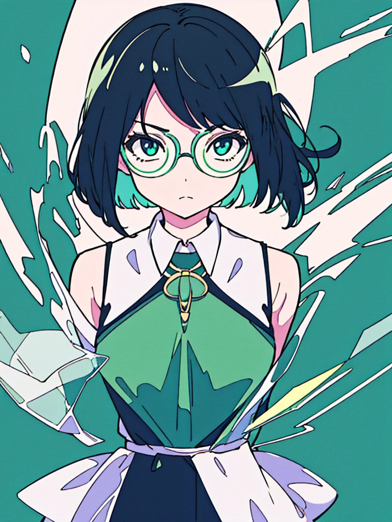 masterpiece, best quality, One girl, monochrome, upper body, jitome, wearing round glasses, bob hair, high angle, Dynamic feeling, transparency, Anime, blue green background,