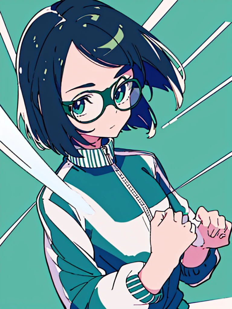 masterpiece, best quality, One girl, monochrome, upper body, jitome, wearing round glasses, Track Jacket, bob hair, high angle, Dynamic feeling, transparency, Anime, blue green background,