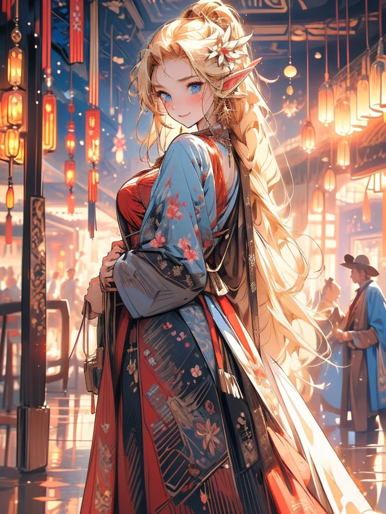 masterpiece, best quality, 1girl, ultra detailed, ultra highres, 8k, well-definded facial features, anatomically correct, stunning girl, long pointy ears, elf, nice face, blonde hair, blue eyes, (cowboy shot:1.3), breasts, smile, hair flower, (at motel), looking at viewer, blush, wearing red bondage fashion cosplay,