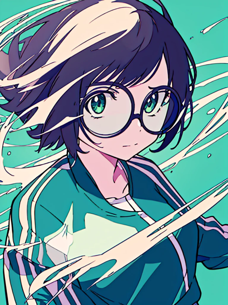 masterpiece, best quality, One girl, monochrome, upper body, jitome, wearing round glasses, Track Jacket, bob hair, high angle, Dynamic feeling, transparency, Anime, blue green background,