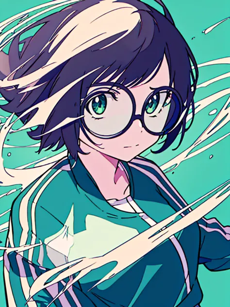 masterpiece, best quality, one girl, monochrome, upper body, jitome, wearing round glasses, track jacket, bob hair, high angle, ...