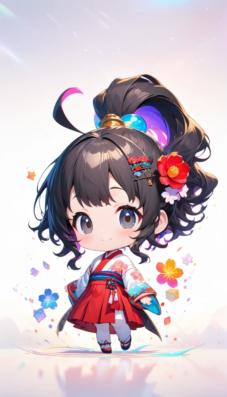 female child, glad, smiling, looking at viewer, high ponytail, Red ribbon, ahoge, wavy hair, black hair, black eyes, big eyes, fair skin, chibi, A japanese clothes based on white and violet stripes with a Chinese bellflower pattern, Japanese red hakama with a camellia pattern, Japanese hairpin, gradient white background, masterpiece, best quality, detailed, ultra detailed, hyper detailed, insanely detailed, exquisite, beautiful, Full-HD, 16K, cute, fantasy, vibrant academia, anime, 2d anime, chibi anime, icon, soft lines, soft surface, simple line drawing, full body shot, front view, best light, fast shutter speed, depth of field, highly saturated colors, vibrant colors, pale colors, best hand, space, cosmos