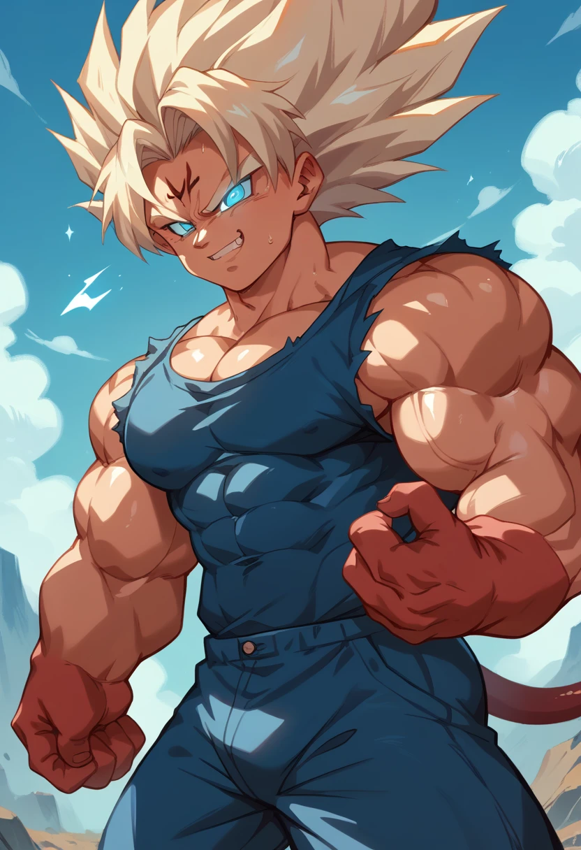 Highest quality,Based on anatomy,Huge muscles,A mix of Vegeta and Kogenta,Devil's Body,Sexually attractive gestures,Shiny skin,Glowing Skin,Taken over by the devil, he smiles evilly.,