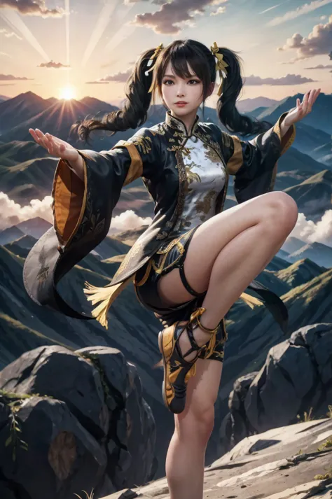 masterpiece, best quality, twintails, fighting stance, mountaintop, shorts, standing on one leg, chinese clothes,