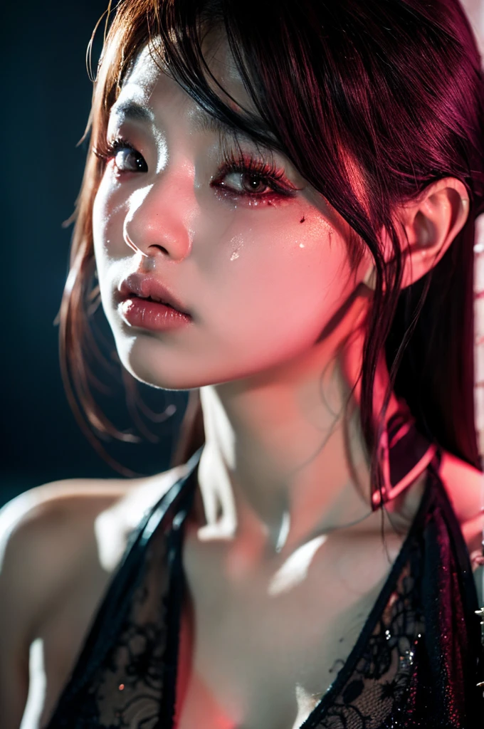 hot Korean girl, Kpop idol, ultrarealistic, professional photo, album cover, makeup, HD, idol, detailed face, high quality, defined face, posing, dramatic lighting, album art, photoshopped, cool effects, earrings, different cute kpop outfit, posing, sad girl, goth, grungy dimly lit bedroom, punk style, punk harajuku, sexy, goth, crying, running mascara, smudged lipstick, tears, ruined makeup, red lighting, red lights, wide shot, bloody face, injuries, bruises, blood