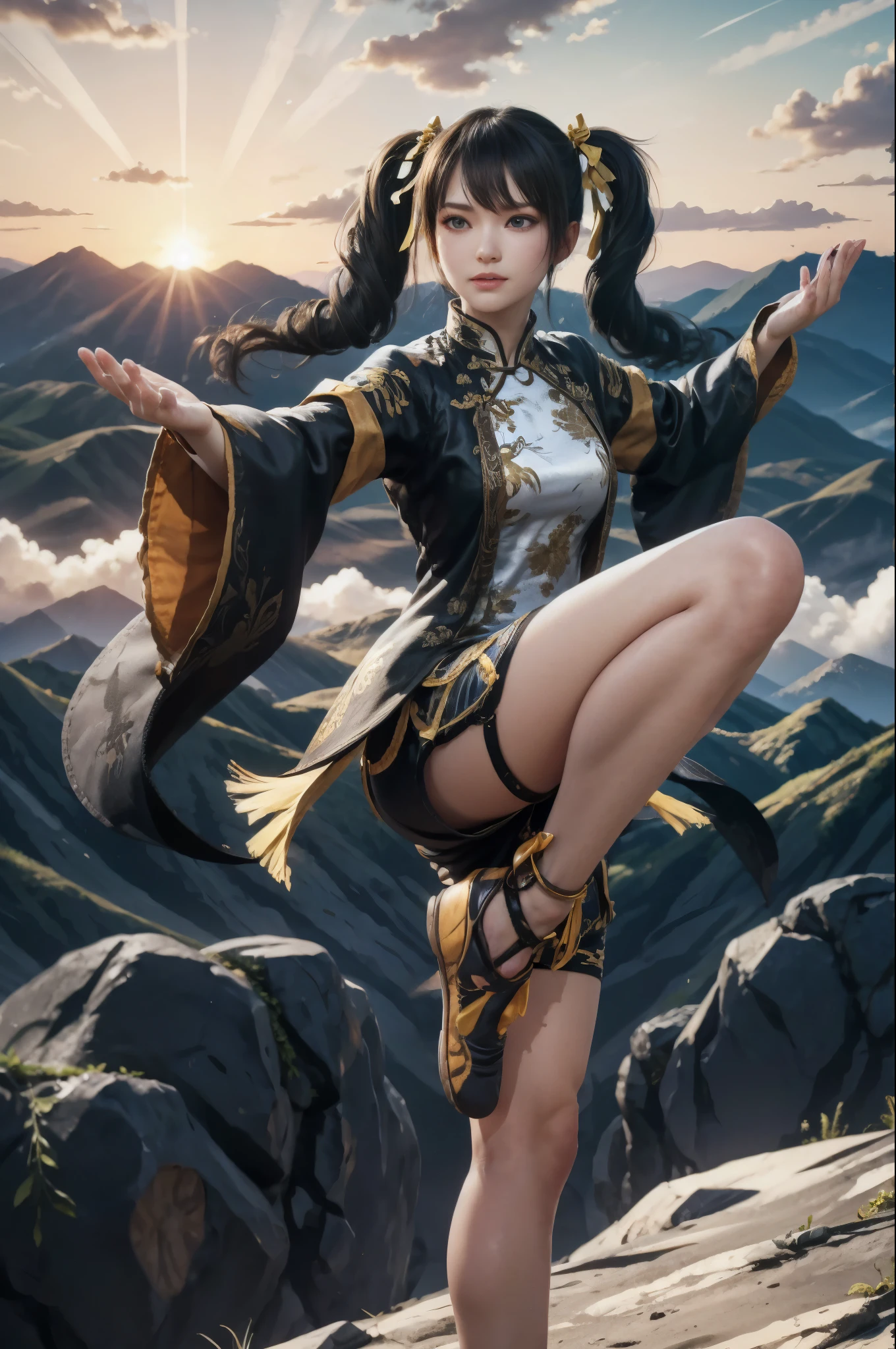 masterpiece, best quality, twintails, fighting stance, mountaintop, shorts, standing on one leg, chinese clothes,   