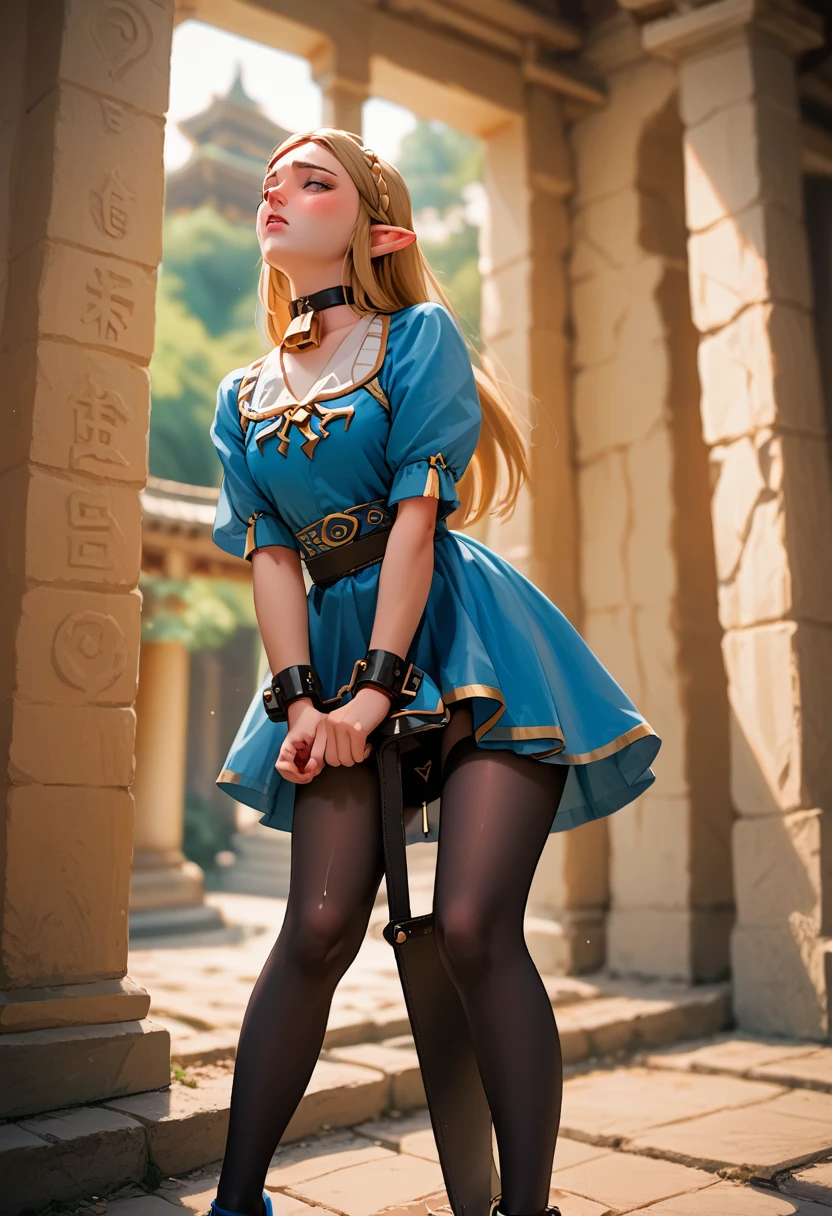 zelda in chastitiy belt, dripping, horny, blushing, enjoying it, dress, temple, choker, cowbell, bending over, black pantyhose, blue heels, ankle cuffs, wrist cuffs, straight legs, skirt lift, solo