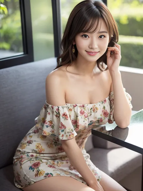 large floral print off-the-shoulder strapless sleeveless mini dress, 
view your viewers, a japanese woman in college, (one woman...