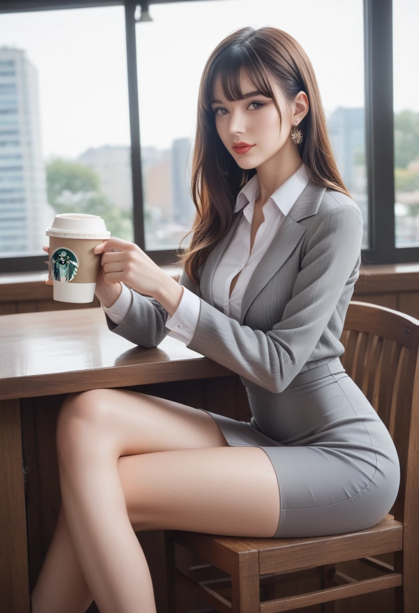 Coffee Shop, ((masterpiece, Highest quality, Best image quality, High resolution, Realistic, RAW Photos, 8k, Highly detailed CG synthesis 8k wallpaper)), (Huge and stunning goddess shot, Very hot and sexy, Incredible beauty, Perfect Proportions, Beautiful body, Slim body beauty:1.4), Glass-walled coffee shop, paper cup of coffee in one hand, woman sitting on chair facing outward at counter by window, wearing gray suit and tight skirt, open-fronted, sitting with legs open, other customers gathered around, looking through window, “coffee” written in neon tube on wall on the wall,